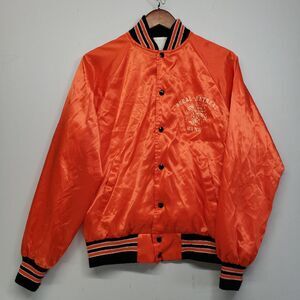 Vintage Orange Satin Bomber Jacket Varsity Snap Front Rural Retreat Indians